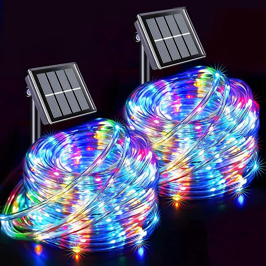 JMEXSUSS 2 Pack 100 LED Solar Rope Lights, IP 65 Solar Rope Lights Outdoor Waterproof, 33ft 8 Modes PVC Tube Trampoline Light for Fence Walkway Path (Multicolor)