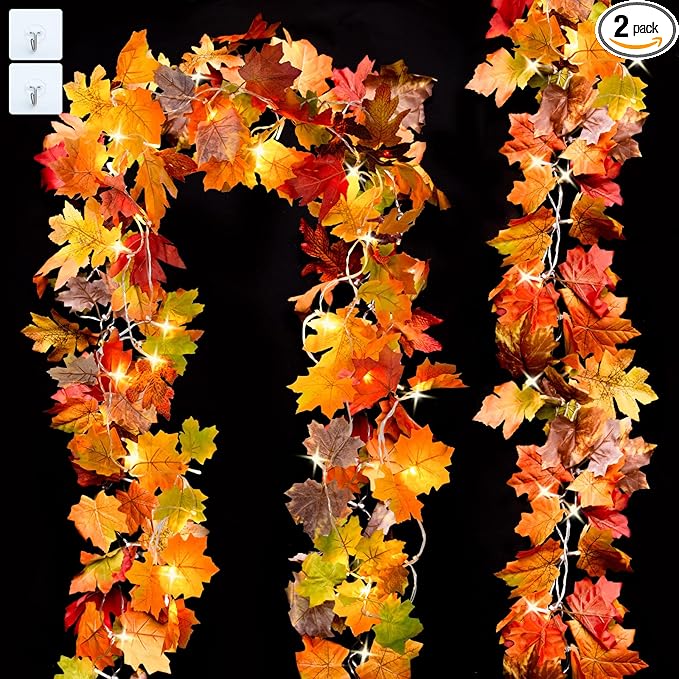 Ouddy Decor 2 Pack Fall Garland with Lights Decorations Maple Leaves Fall Lights Total 20 Ft 60 Led Mixed Color Battery Operated for Indoor Outdoor Autumn Harvest Thanksgiving Halloween Fall Decor