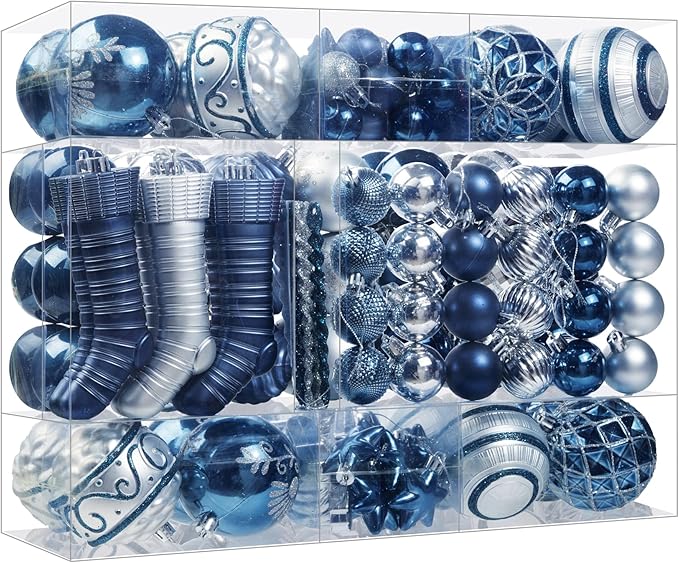 150PCS Blue and Silver Christmas Ornaments, Shatterproof Christmas Ball Ornaments Set, Assorted Christmas Baubles Hanging Decorations for Xmas Tree Home Festival Party Wedding (Blue & Silver)