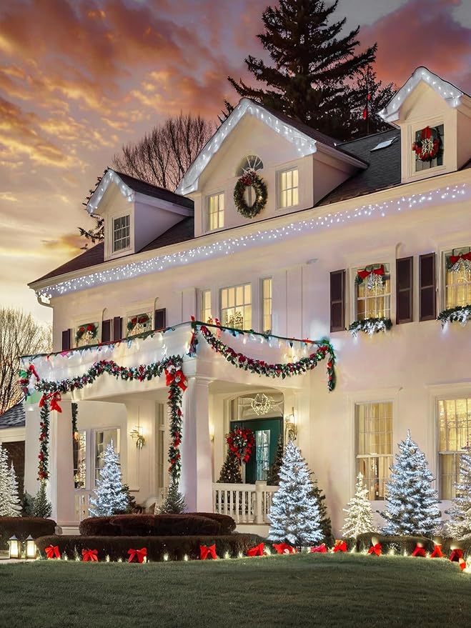 6pk Cool White Solar Christmas Lights Outdoor Waterproof, 600 LED 198FT Solar Powered LED String Lights Green Wire with 8 Modes, Solar Fairy Lights for Xmas Tree Party Wedding Garden Fence Decorations