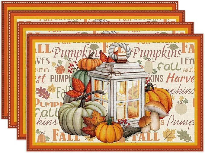 Linen Fall Placemats Set of 4 - Farmhouse Table Mats for Home Decor - Autumn Thanksgiving Kitchen Dining Room Table Decorations