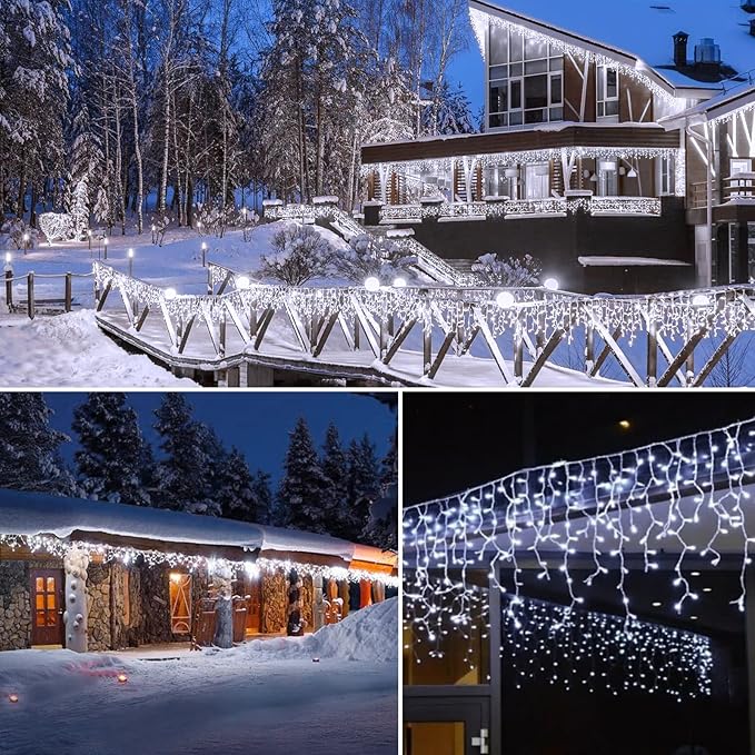 Brightown Icicle Lights Outdoor: 2 Packs, 132Ft with 276 Drops, 1472 LED Icicle Lights with Timer for House Eaves and Wedding, Pure White
