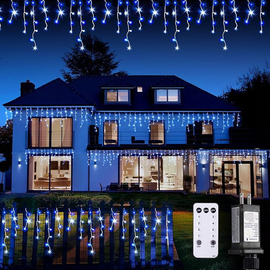 JMEXSUSS Blue&White Icicle Lights - 38.8FT 400 LED Icicle String Lights with Remote for Indoor/Outdoor, House, Bedroom, Fireplace, Birthday, Christmas Decorations