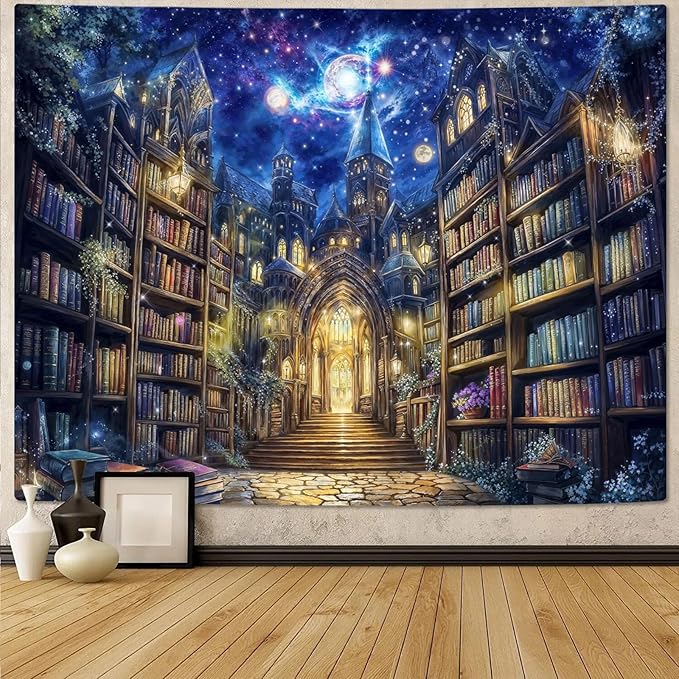 Accnicc Fantasy Bookshelf Tapestry Space Library Tapestries Wall Hanging Gothic Galaxy Castle Magic Book Large Tapestry for Bedroom Living Room Dorm Classroom 80 x 60 inch