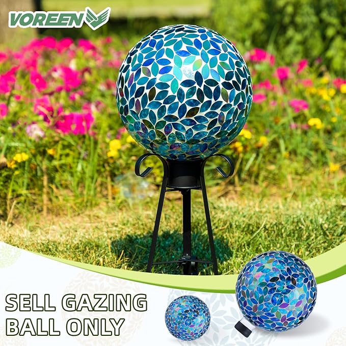 VOREEN 10-Inch Gazing Ball Glass Mosaic Gazing Globe, Outdoor Reflective Ball Yard Decoration for Homes, Patio, Lawn and Gardens, Gift for Mom Wife Friend, Blue and Amber