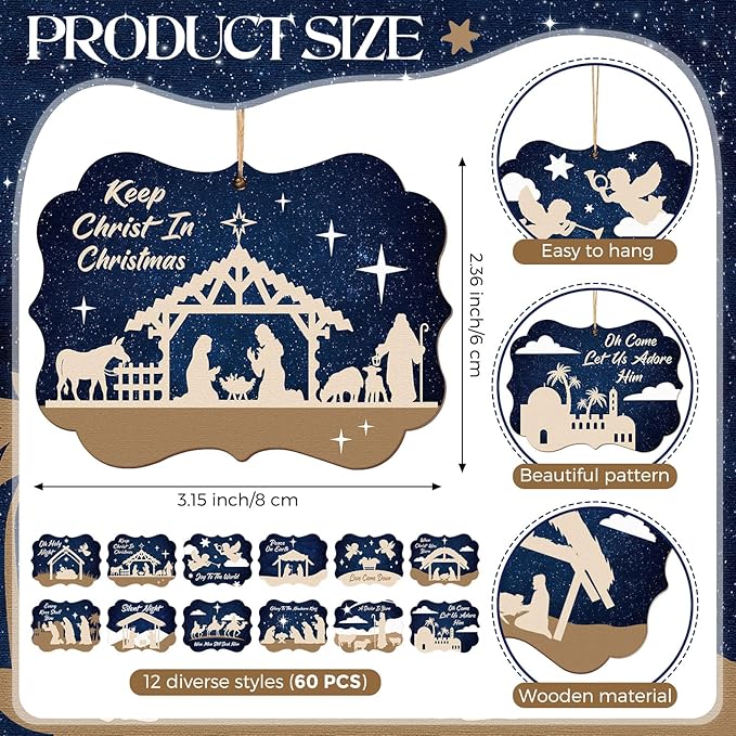 Soaoo 60 Pcs Nativity Scene Christmas Tree Ornament Christian Religious Ornaments Bulk Round Nativity Xmas Tree Hanging Wooden Decorations for Garden Yard Outdoor Home (Square Style)