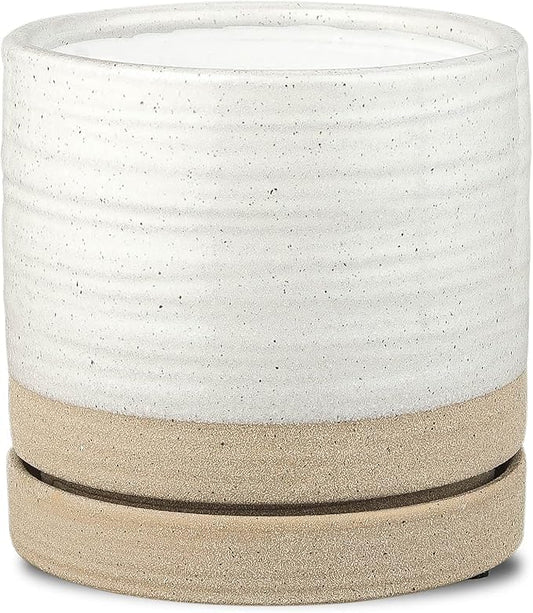 6 Inch Plant Pots, Ceramic Planter Pot with Drainage Hole & Saucer, Indoor/Outdoor Cylinder Round Planter Pot, White & Beige Glaze