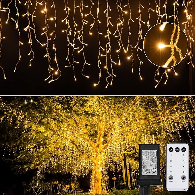 Brightown Christmas Icicle Lights Outdoor, 66 Feet 138 Drops with 736 LED, 8 Modes Waterproof Connectable Twinkle Fairy String Light for Christmas Thanksgiving Hanging Icicles (Warm White)