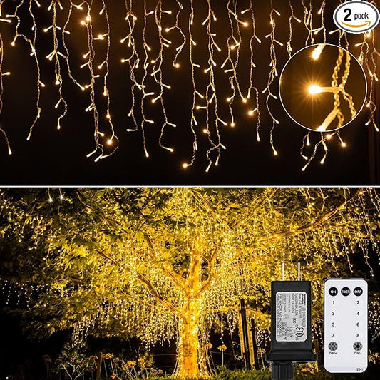 Brightown Icicle Lights Outdoor, 2 Packs Total 132Ft with 276 Drops, 1472 LED Icicle Christmas Lights with Timer, Warm White