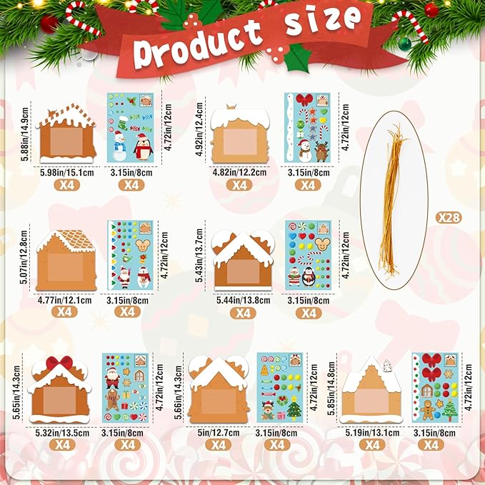 28 Pack Christmas Picture Frame Craft Kits for Kids, Xmas DIY Gingerbread House Candy Photo Craft Christmas Hanging Frame Ornaments for Xmas Tree Holiday Art Decorations Home Class Game Activities