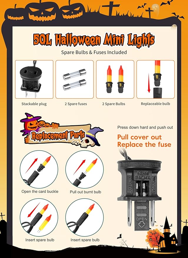 Orange Halloween Mini Lights, 50 Count 13 Feet Incandescent Bulb Mini String Lights, Connectable Halloween Lights for Haunted House Ghost Party Holiday Window Indoor Outdoor Decoration, Orange