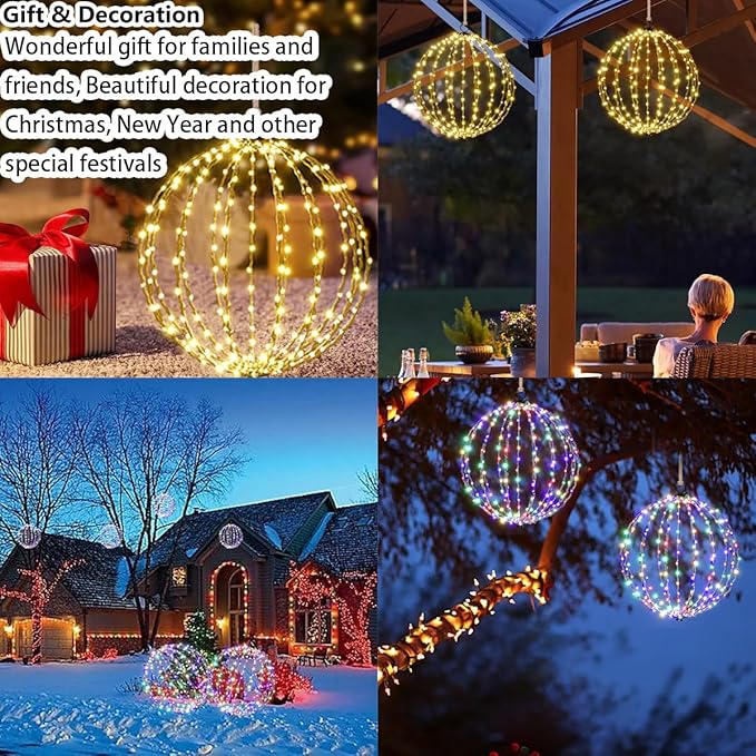 Outdoor Hanging Lighted Sphere, Christmas Decoration Light Balls, 2 in 1 Warm White and Multicolor Chandelier, 208 LED 16" Large Iron Frame Foldable Globe for Patio Tree Gazebo Decor-2Pack