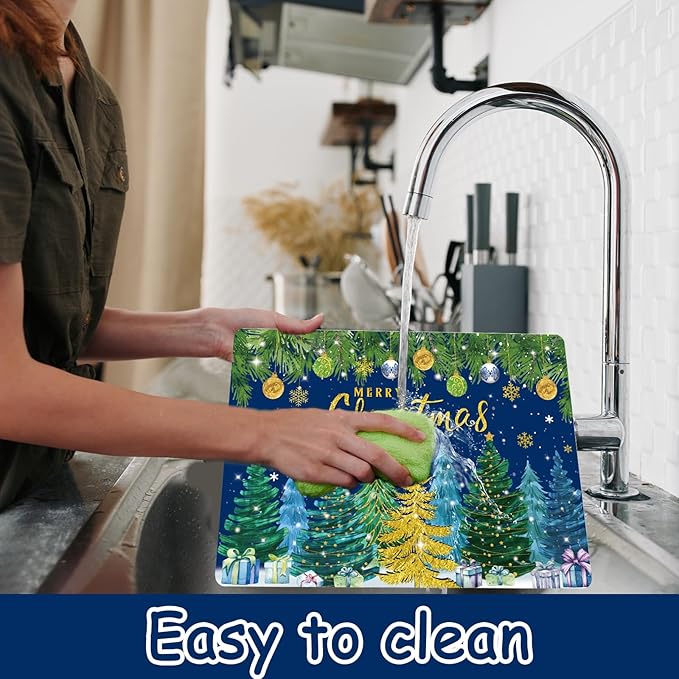 Christmas Pine Trees Placemats Set of 6 Plastic Table Mats Xmas Ball Ornaments Snowflakes Place Mats Holiday Pine Trees Winter Table Decoration for Indoor Outdoor Party Kitchen Dining