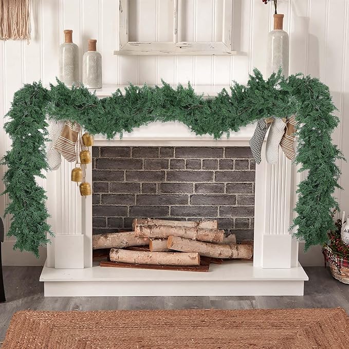 Hananona 9 FT Artificial Cedar Garlands, Real Touch Winter Cedar Pine Garland, Green Artificial Greenery Garland for Table, Mantle, Wall, Indoor, Outdoor Christmas Decorations (1, 9 FT)