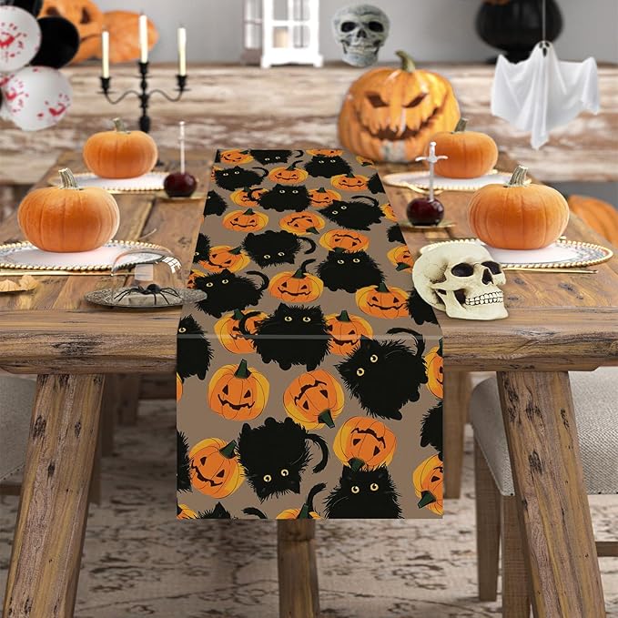 Halloween Table Runner Black Cat Pumpkins Seasonal Kitchen Dining Table Home Outdoor Party Decorations 13x60 Inch
