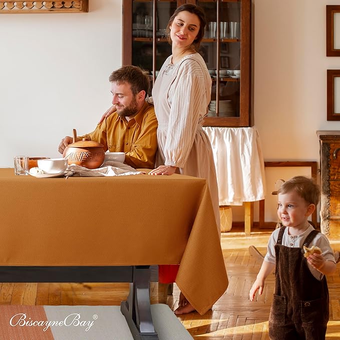 Biscaynebay Fall Tablecloth Textured Fabric 52x70 Inch Rectangular, Bronze Thanksgiving Autumn Harvest Water Resistant Fabric Tablecloths for Kitchen, Dining, Wedding, Parties Machine Washable