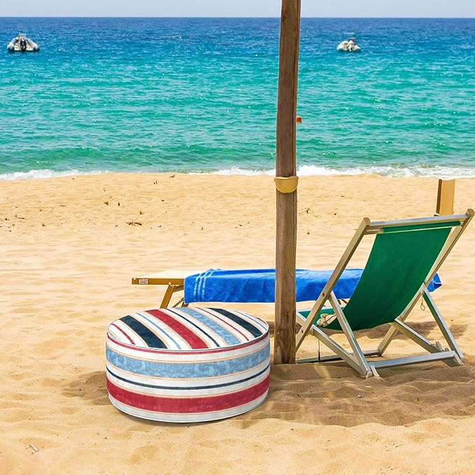 Inflatable Ottoman Stool D21 xH9 for Outdoor/Indoor Use, Water Repellent Patio Foot Rest Stool with Portable Handle,Round Pouf Ottoman Suitable for Garden,Deck and Camping - Stripe Red Blue