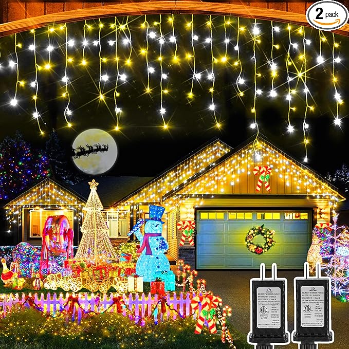 Christmas Lights Outdoor, 2 Pack Total 98FT 960 LED Ice Lights for Outside with 180 Drops 8 Modes Timer Memory, Plug in Waterproof for Holiday Eaves Yard Roof Party Decor (Cool White and Warm White)