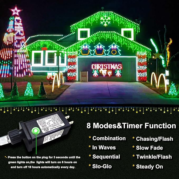 Green Christmas Lights Outdoor, 33ft 400 LED Icicle Lights for Outside House with Connectable Clear Wire 8 Modes Timer, Plug in Waterproof for Home Holiday Eaves Yard Party Room Indoor Decoration
