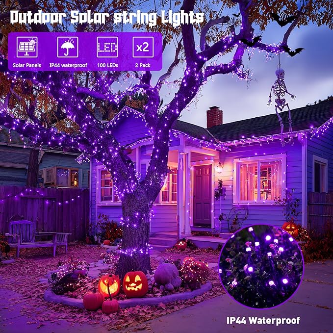 JMEXSUSS Purple Solar Lights Outdoor Waterproof, 2 Pack 100 LED Solar Halloween Lights, Purple Christmas Light for Halloween Decor Outside Tree Yard Garden