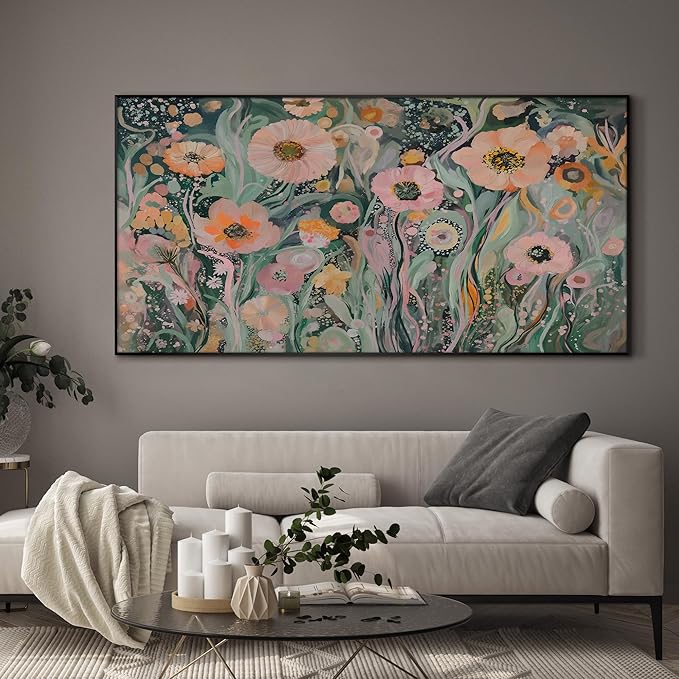 SIGNWIN 24"x46" Extra Large Framed Wall Art Whimsical Garden Bloom, Colorful Abstract Floral for Home Living Room Bedroom Decor (Frame Assembly Required)