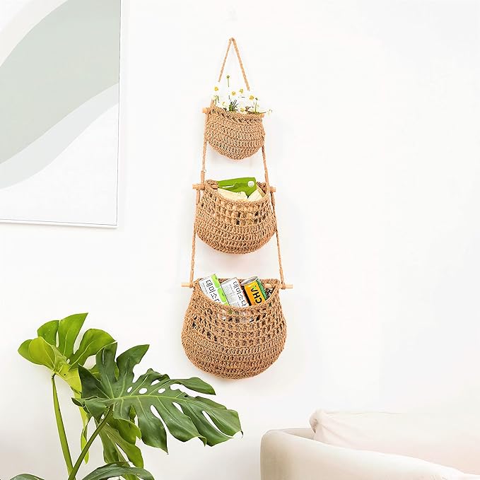 Hanging Fruit Basket, 3 Tier Woven Jute Wall Hanging Basket for Organizing, Hanging Produce Basket for Fruit & Vegetable Storage, Boho Kitchen Decor, Wall Basket Storage for Kitchen, Bedroom, Bathroom
