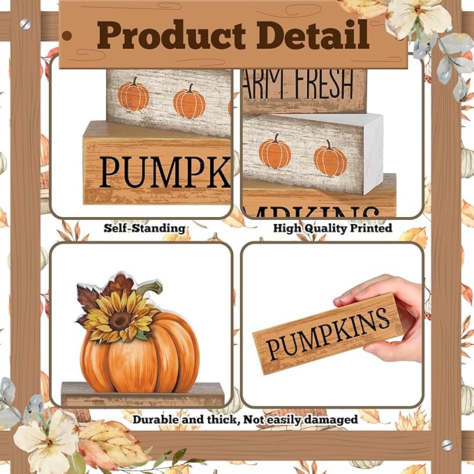 4 Pcs Fall Pumpkin Decor Fall Table Decoration Autumn Tiered Tray Decor Thanksgiving Centerpiece Rustic Decorative Pumpkin Block Signs Farmhouse Thanksgiving Decoration for Home Kitchen