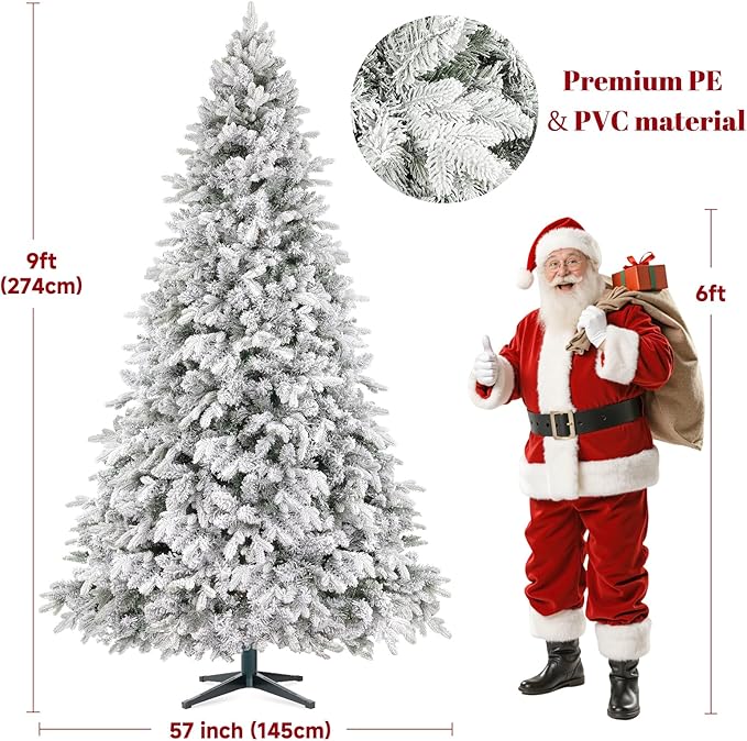 9FT Snow Flocked Pre-Lit Christmas Tree with 360° Rotating Base, 2512 PE/PVC Tips, 600 LED Lights, 8 Modes, Dimmable and Timer Functions, Musical Artificial Xmas Tree for Holiday Decor