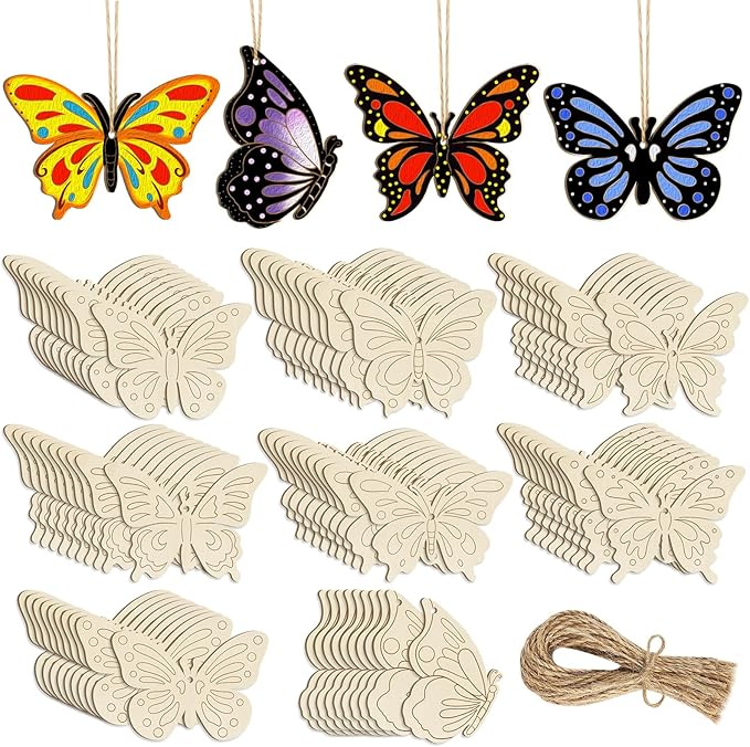 80PCS Wooden Spring Ornaments to Paint Butterfly Cutouts, 8 Styles DIY Blank Unfinished Wood Butterfly Cutouts Ornament for Home Crafts Hanging Decorations