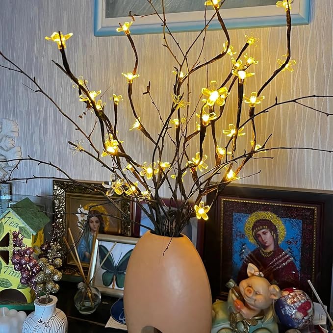 3 Pack Battery Lighted Branch Flowers Lights with 12 Colored 3D Butterfly Indoor Bedroom Decorations, Warm White 60 LED Artificial Cherry Blossom Twig Vase Filler Willow Tree Home Decor