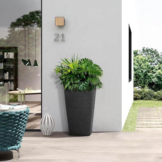 Tall Black Planter Set of 2 for Outdoor Indoor Plants,21.3in Large Tapered Plant Pots with Drainage Trays Holes,Resin Extra-Thick Flower Pots for Outdoor Patio Front Porch Backyard Decor