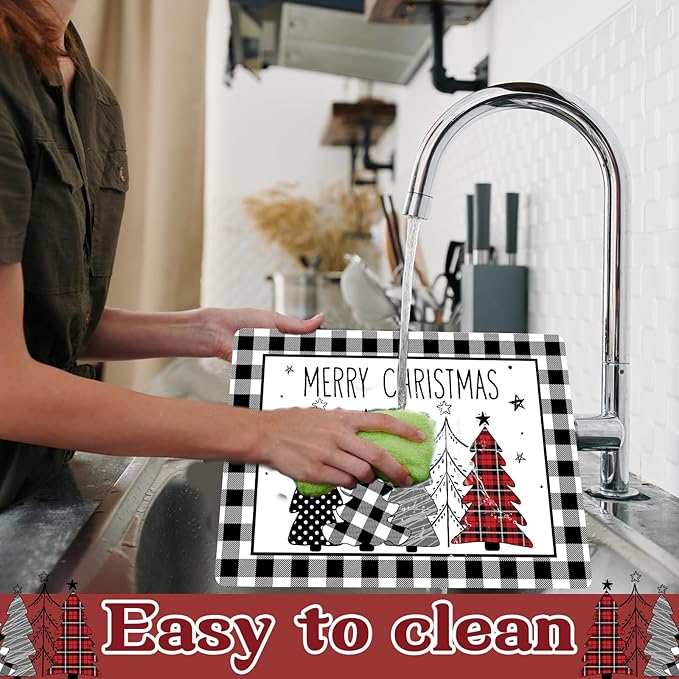 Christmas Placemats Set of 6 Christmas Tree Plastic Table Mats Xmas Trees Black and White Buffalo Plaid Place Mats Winter Holiday Table Decoration for Indoor Outdoor Party Kitchen Dining