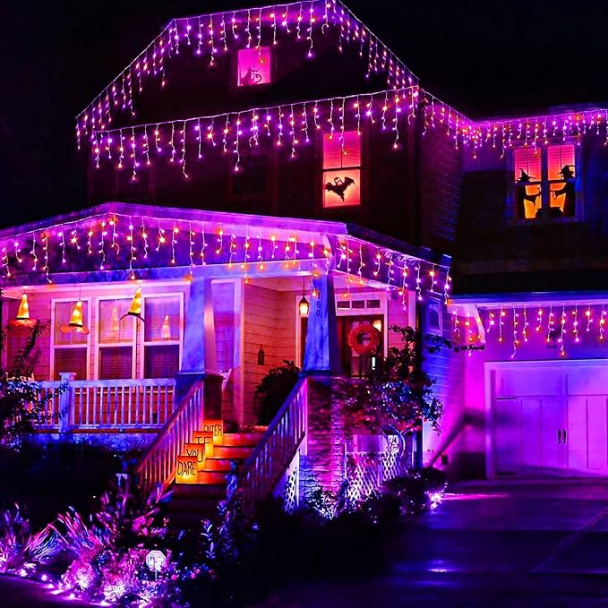 Orange and Purple Halloween Lights Outdoor Indoor, 33ft Icicle Lights for Outside 400 LED Twinkle Christmas Light with 75 Drops Clear Wire Short Curtain Light for House Party Tree Holiday Yard Decor