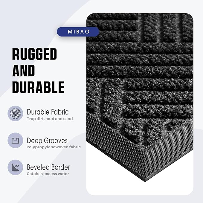 Mibao Front Door Mat Outside Entrance, Durable Outdoor Indoor Mat, Low Profile Heavy Duty Doormat, Non-Slip, Traps Dirt and Moisture, Easy Clean Patio Porch Entryway Mat, 24" x 36", Grey
