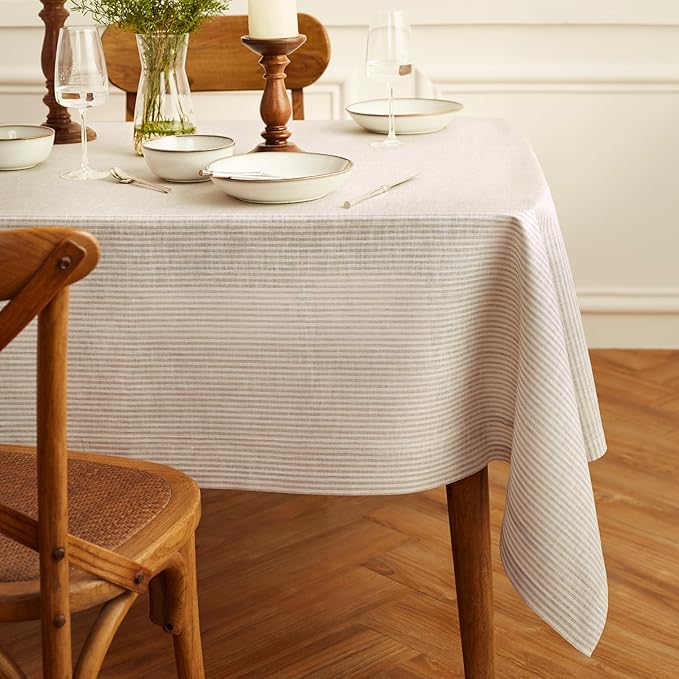 Solino Home Linen Tablecloth 60 x 90 Inch - Narrow Stripe 100% Pure Linen Natural and White Table Cloth for Rectangle Tables - Machine Washable Tablecloth for Fall, Autumn, Thanksgiving