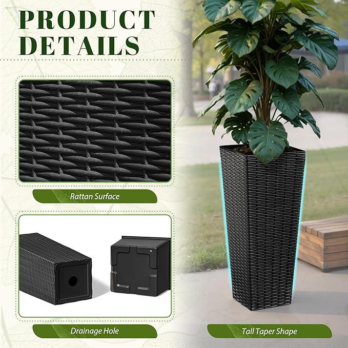 JUMMICO Set of 2 Resin Rattan Tall Planters for Outdoor Plants, Large Tapered Planters with Drainage Holes&Inner Trays, Flower Pots for Garden, Patio, Porch, Backyard (Black, 24'')