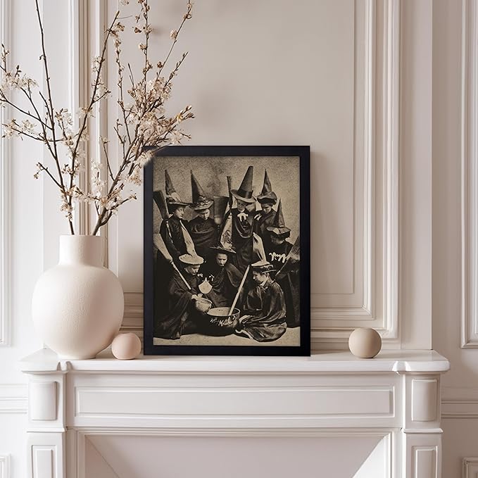 Poster Master Vintage Photograph Poster - Retro Halloween Print - Gift for Artist, Friend - Witches Cooking, Pointy Hats, Broomsticks, Black Magic - Wall Decor for Bedroom, 11x14 Black Framed