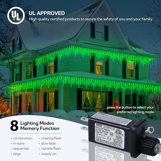 Hopolon 33FT 360L LED Christmas Icicle Lights Outdoor Waterproof,8 Modes Plug in Curtain String Lights with 60 Drops,Christmas Lights for Wedding,Party,Bedroom,Home,Garden,Wall Decorations(Green)
