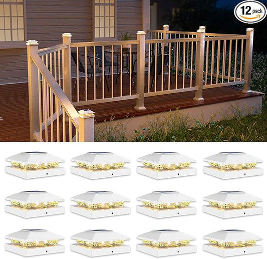 VOLISUN 4x4 Solar Post Cap Light 12pack,Solar Fence - Cap Lights Outdoor Waterproof for Wooden/Vinyl Post,White Deck Post Cap Light Solar Powered with Warm White for Garden/Patio/Porch