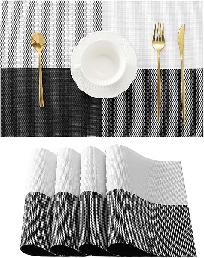 Leetaltree Gray with White Grid Pattern Placemats Set of 4 - Heat Resistant Non-Slip Place mats for Dining Table, Washable Durable PVC Vinyl Woven Table Mats（Grey Grid, 4）