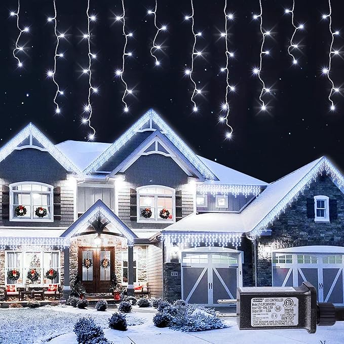 Hopolon 33FT 360L LED Christmas Icicle Lights Outdoor Waterproof,8 Modes Plug in Curtain String Lights with 60 Drops,Christmas Lights for Wedding,Party,Bedroom,Home,Garden,Wall Decorations(White)