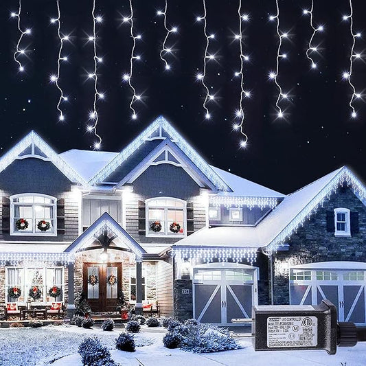 Hopolon 33FT 360L LED Christmas Icicle Lights Outdoor Waterproof,8 Modes Plug in Curtain String Lights with 60 Drops,Christmas Lights for Wedding,Party,Bedroom,Home,Garden,Wall Decorations(White)