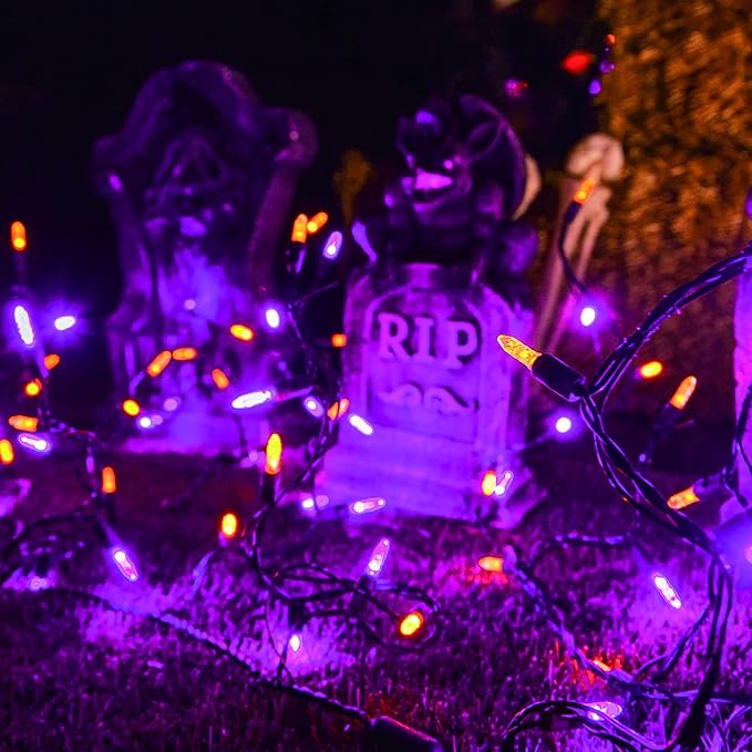 Dazzle Bright Purple and Orange Halloween Lights Battery Operated, 2 Pack Total 100LED 32FT Waterproof Mini String Lights with 8 Modes, Halloween Decorations for Outdoor Indoor Garden Yard Party