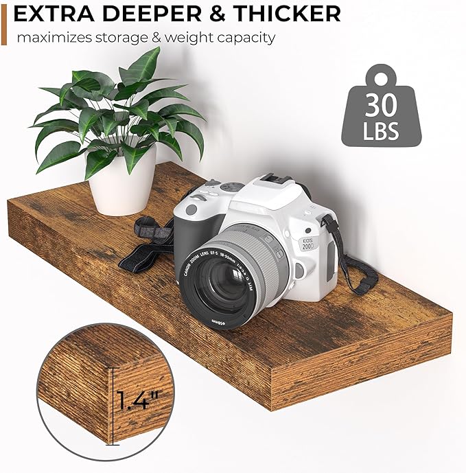 Fun Memories Floating Shelves - 16 Inch Rustic Brown Wall Shelf - Wall Mounted Shelves for Wall Decor Storage - Wooden Shelves with Invisible Brackets for Living Room, Bedroom, Kitchen, 2 Pack