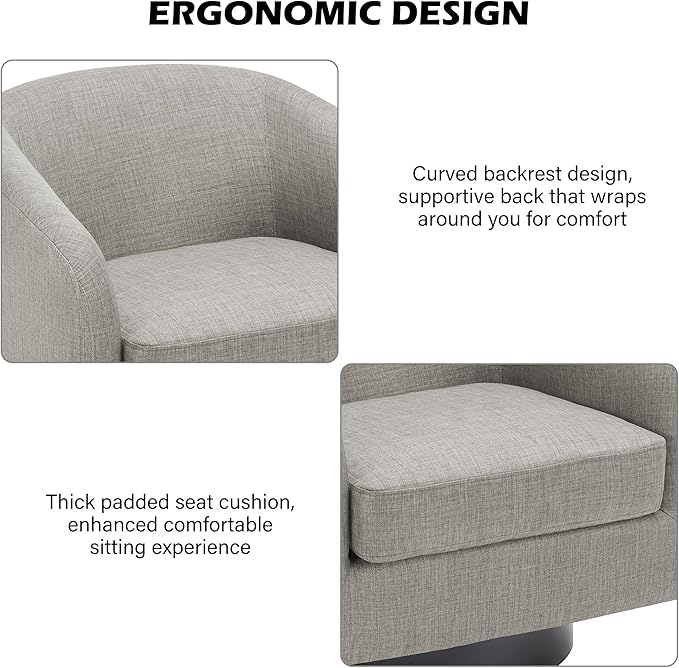 Swivel Barrel Accent Chair, Modern Round Linen Arm Chair for Living Room, Bedroom, Comfy Club Reading Chairs for Adults（Linen Fabric, Khaki, Set of 1