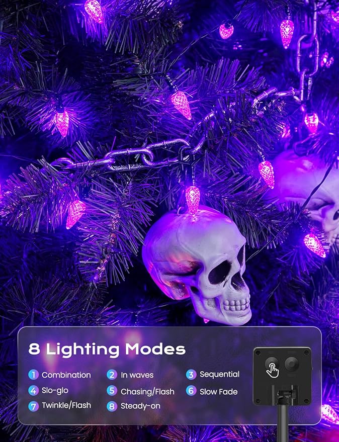 Brightown Solar Operated C6 Halloween Outdoor Lights, 22.64ft 50 LEDs Purple Halloween Lights, Strawberry LED Fairy Lights, Solar Waterproof String Light for Tree, Garden Decor Outdoor Decorations