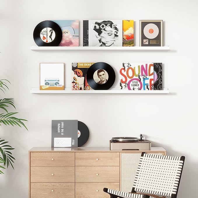 Picture Ledge Shelf for Wall, 48 inch Solid Pine Wood Nursery Book Shelves 2 Packs, Floating Ledge Shelves for Kids' Room Bedroom Bathroom Living Room Photo Frames Office Nursey Wall Decor, White