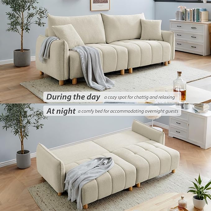 Convertible Sofa Bed, 90" Full Size Sleeper Sofa with Storage, Tufted Chenille 3 Seat Sofa Couches for Living Room, Small Spaces, Guest Room, Apartment, Beige