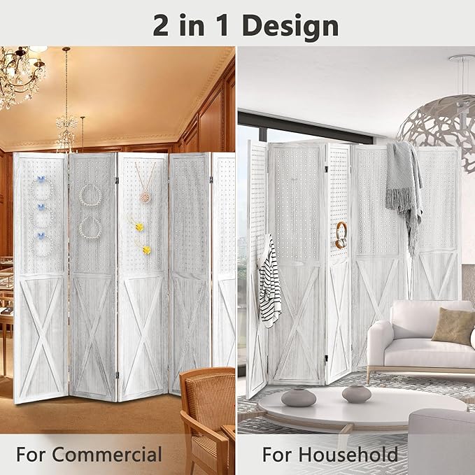 6 Panel Pegboard Room Divider, 5.6Ft Pegboard Display Folding Privacy Screens, Wood Room Divider Peg Board Display Freestanding for Trade Show Craft Show Home Wall Organizer, Retro White