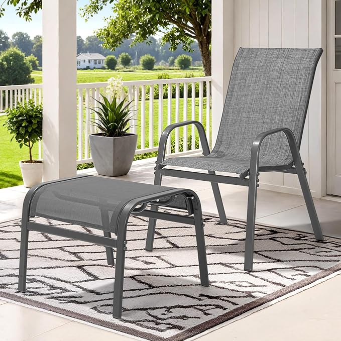 Outdoor Ottoman Set of 2, All Weather Outdoor Foot Stool with Supportive Textliene and Metal Frame, Stackable Oversized Outdoor Foot Rest for Furniture Patio Garden Pool, Grey